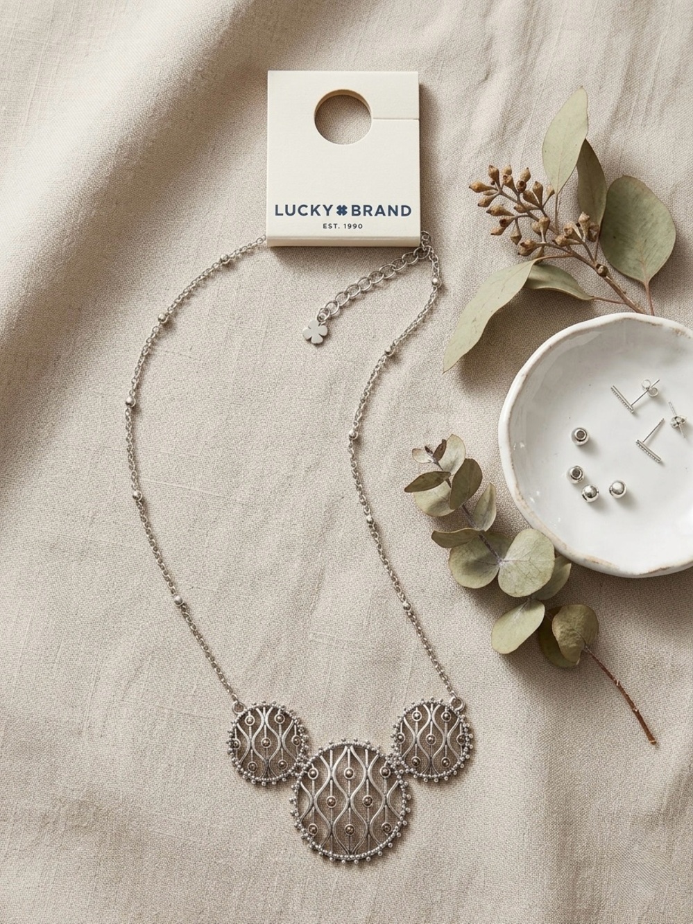 Lucky Brand Silver Filigree Triple Medallion Necklace